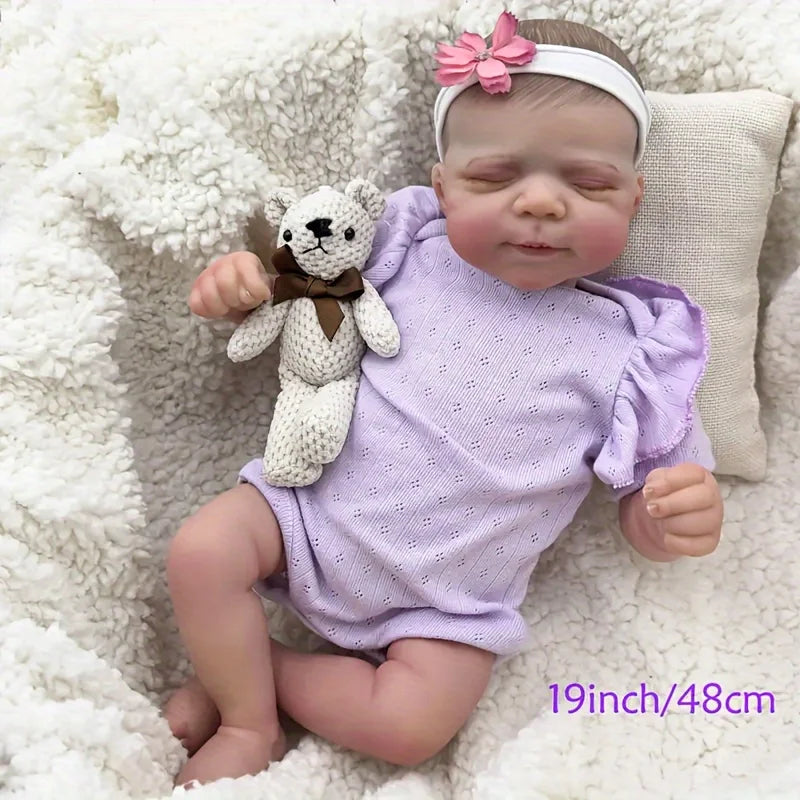 19 inch Reborn Baby doll - realistic baby girl with soft vinyl skin, purple costume and plush toys