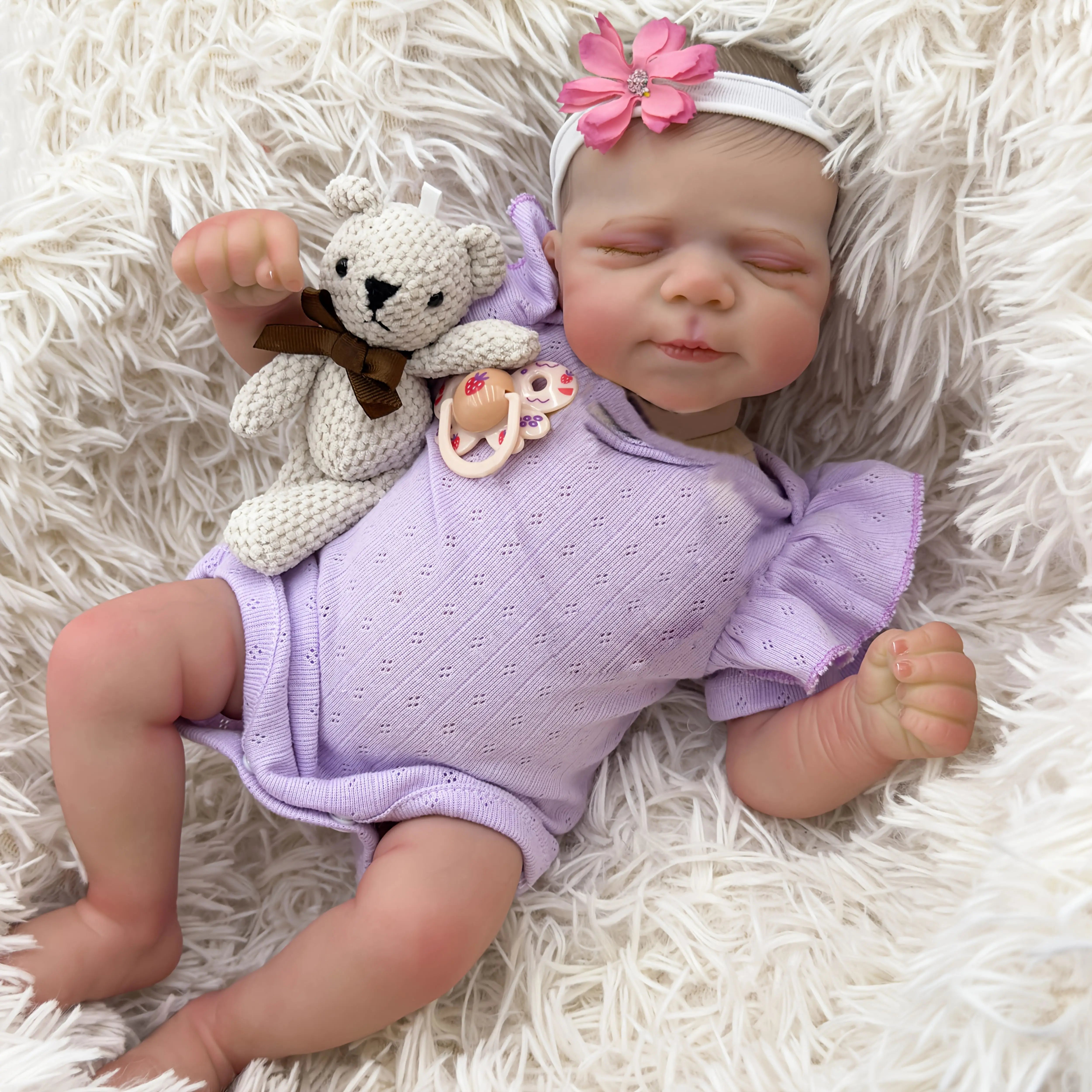 19 inch Reborn Baby doll - realistic baby girl with soft vinyl skin, purple costume and plush toys