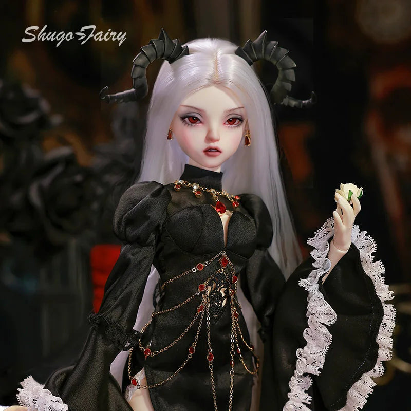 Bubo Bjd Doll 1/4 Barly Fantasy Dark Red Eyes Goat Witch Magic Black Robe Lace Vanguard Halter Fishbone Chain Girl Dolls Toy