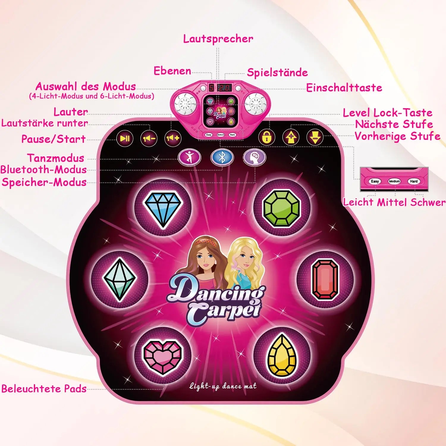 TERRAMUS Dance Mat Light-up Dance Pad Toy with Bluetooth/27 Levels/Memory Challenge/LED/Toys Birthday Gifts for Girls 3+