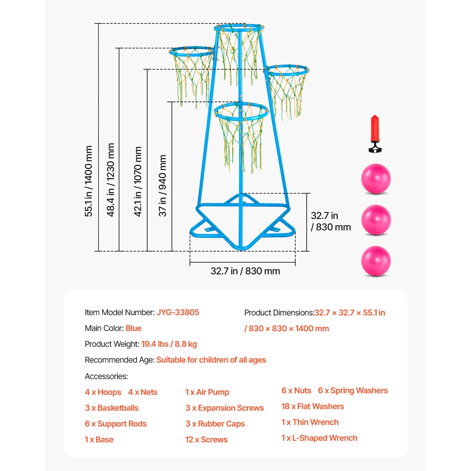 SucceBuy 4-Hoop Kids Basketball Hoop Stand with Adjustable Heights & 3 Balls for Boys Girls Indoor Outdoor Basketball Sport Toys