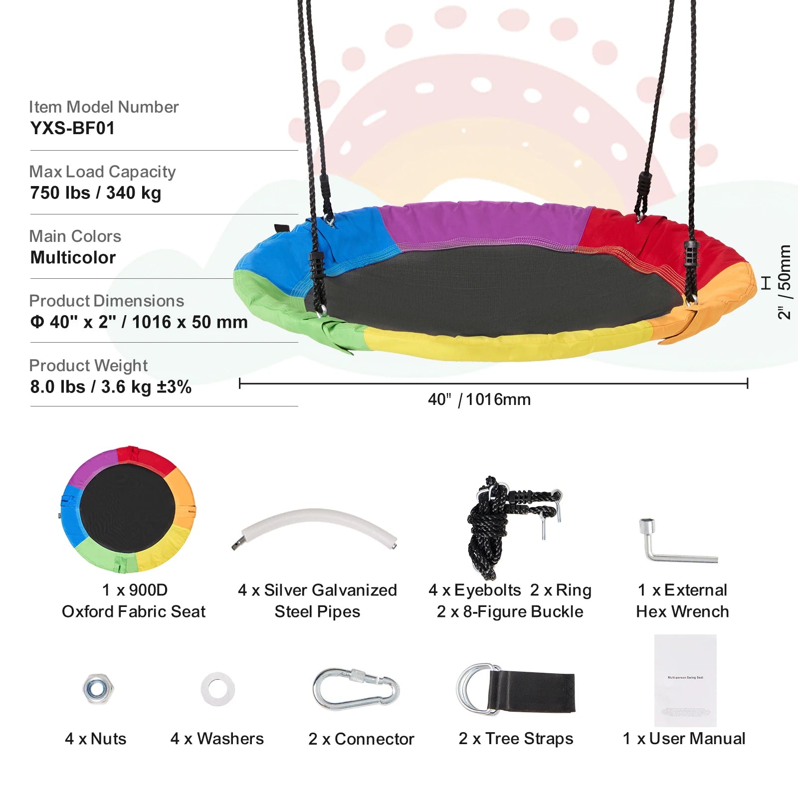 SucceBuy Tree Swing Saucer Swing 750lbs Swing Seat 2 Tree Hanging Straps Adjustable Multi-Strand Ropes Round Swing Kids Outdoor