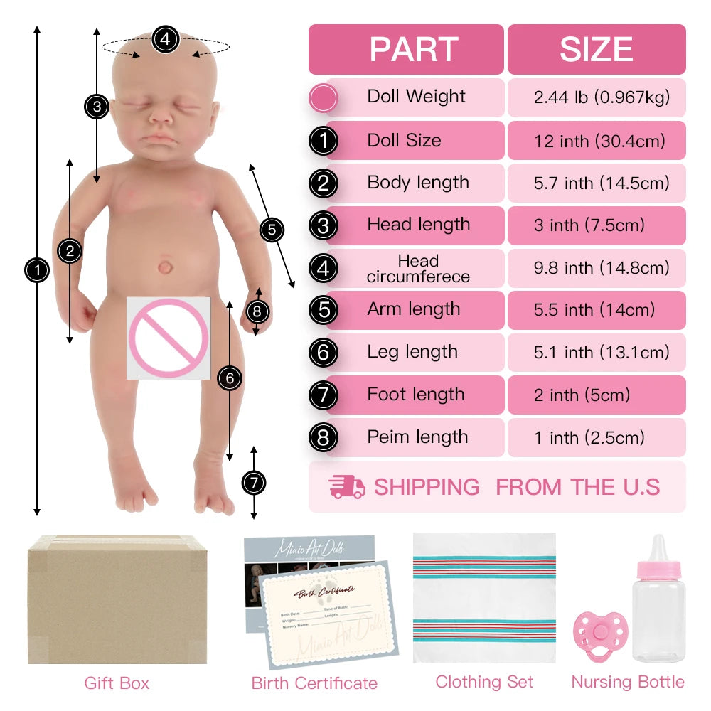 12" Boy Micro Preemie Full Body Silicone Baby Doll Lifelike Mini Reborn Doll Surprice Children Anti-Stress My Melody