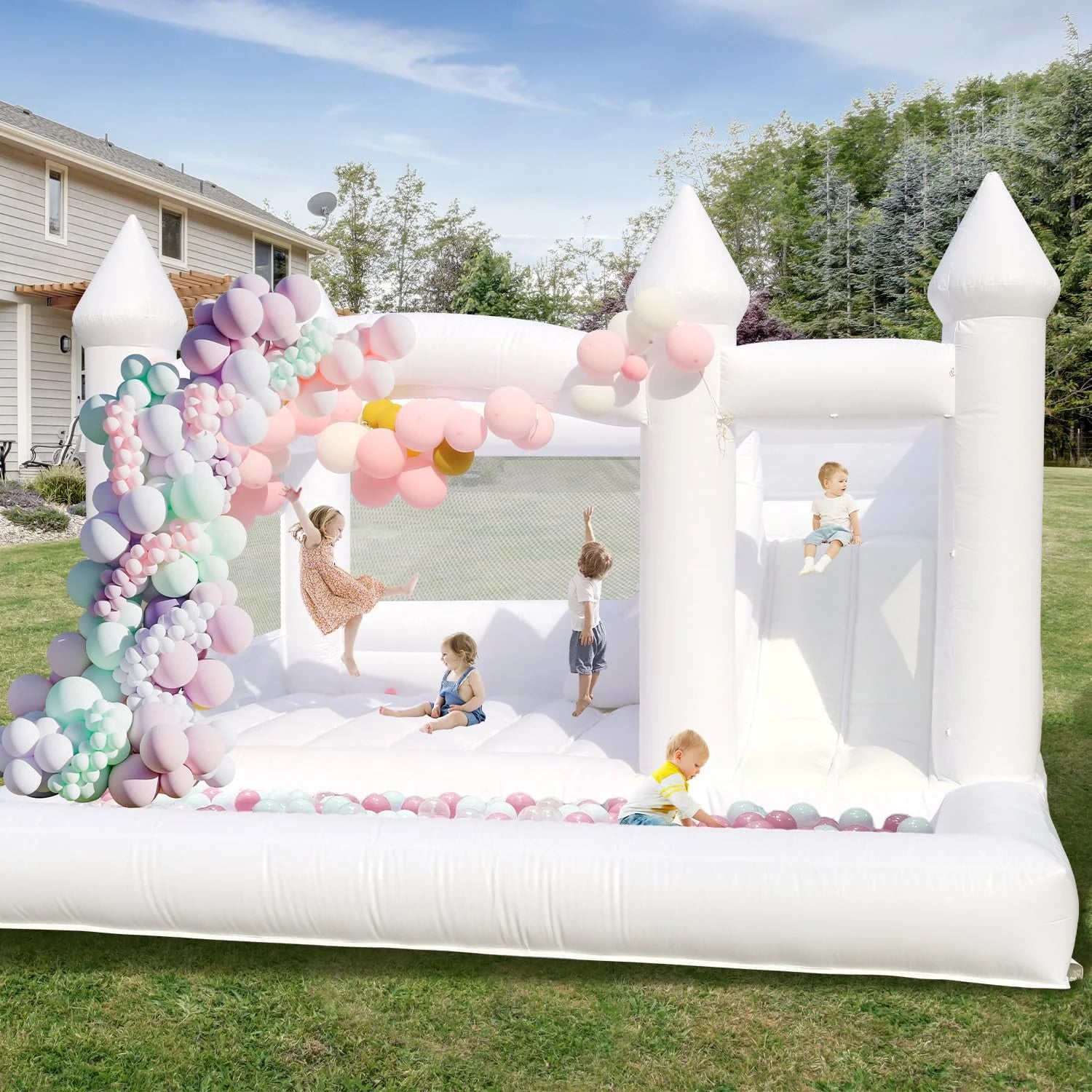 Free Shipping Inflatable White Bounce House 15FTx 13FT Kids Birthday Party for Big Kids 8-12 With Slide Ball Pit Blower