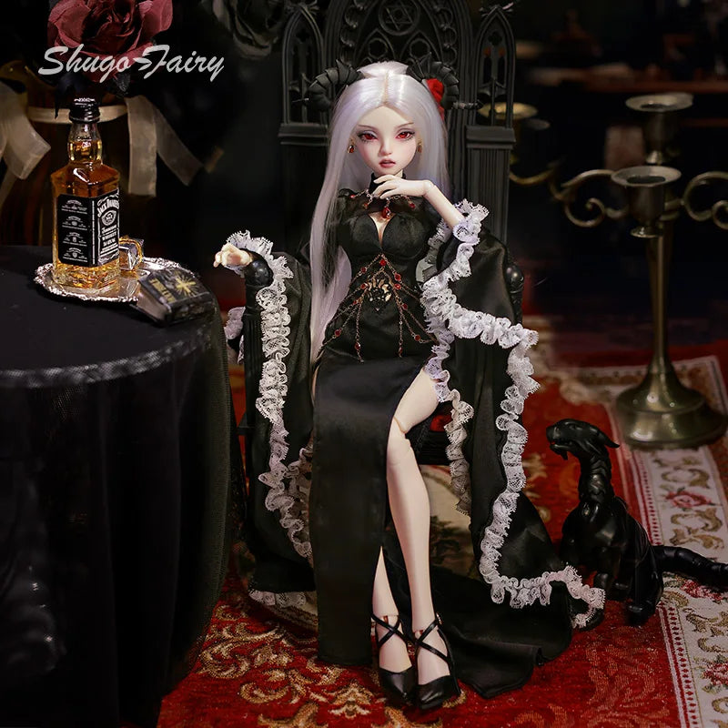 Bubo Bjd Doll 1/4 Barly Fantasy Dark Red Eyes Goat Witch Magic Black Robe Lace Vanguard Halter Fishbone Chain Girl Dolls Toy