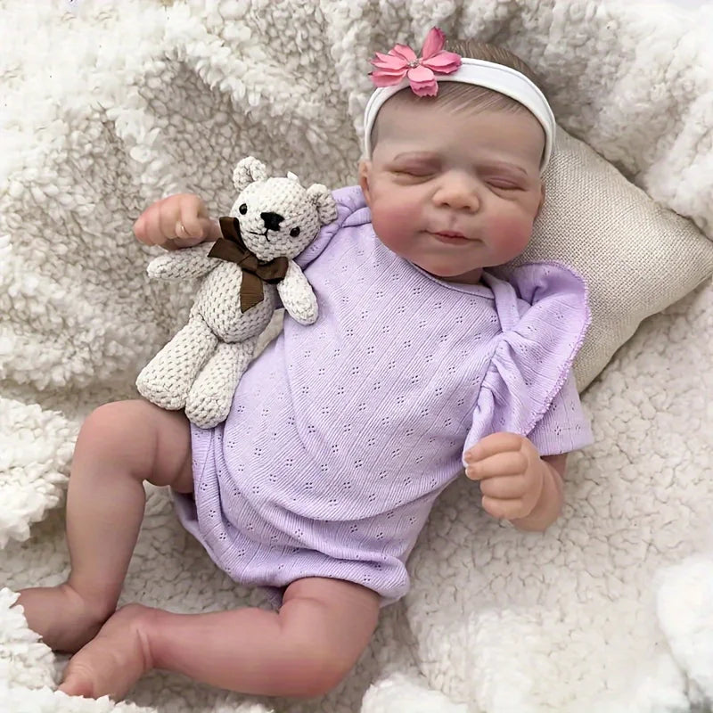 19 inch Reborn Baby doll - realistic baby girl with soft vinyl skin, purple costume and plush toys