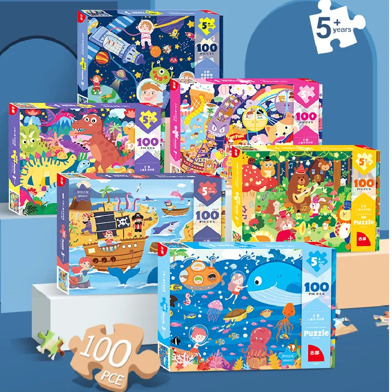 Jıgsaw Puzzle 100PCS  children's educational cartoon toy Pirate adventure Dinosaur world Cosmic exploration busy traffic