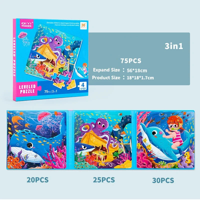 Montessori Kids Toys Magnetic Advance Educate Book Folding Jigsaw 3 In 1 Animal Marine Dinosaur Cognitive Early Education Gifts