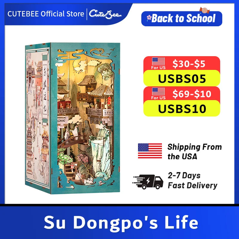 CUTEBEE Antiquity Book Nook Chinese Style Doll House Kit with Touch Light Dust Cover 3D Puzzle Toy Gift Ideas Su Dongpo's Life