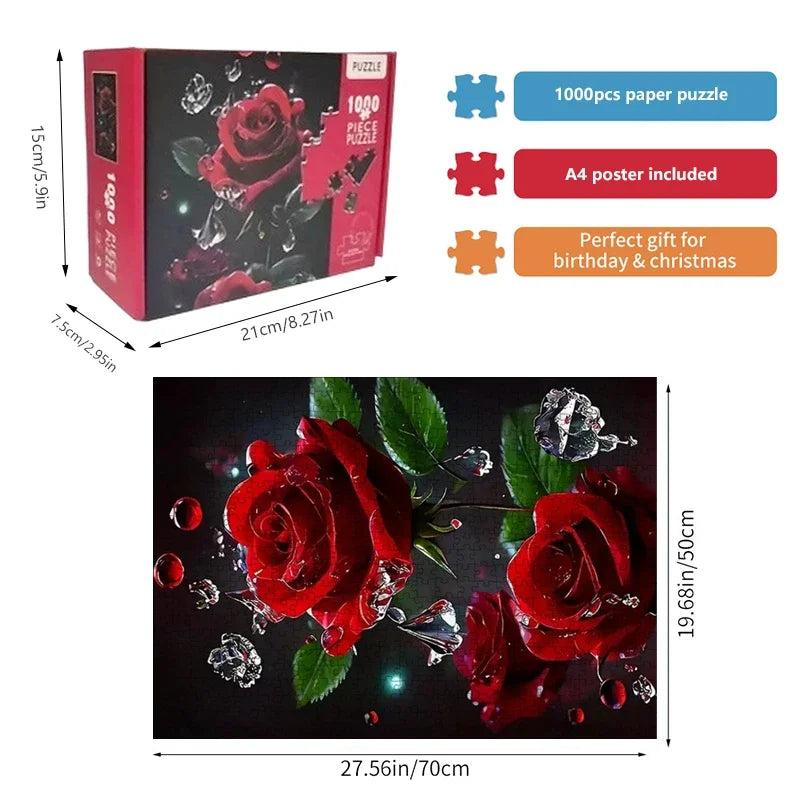 High Quality 70cm*50cm 1000pcs Rose Flower Jigsaw Puzzle Adult Stress Relief Beautiful Landscape Painting Puzzle Wall Decor