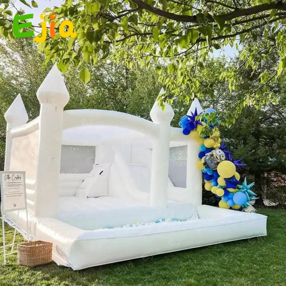 Free Shipping  Inflatable White Bounce House 15FTx 13FT Kids Birthday Party  for Big Kids 8-12 With Slide Ball Pit Blower