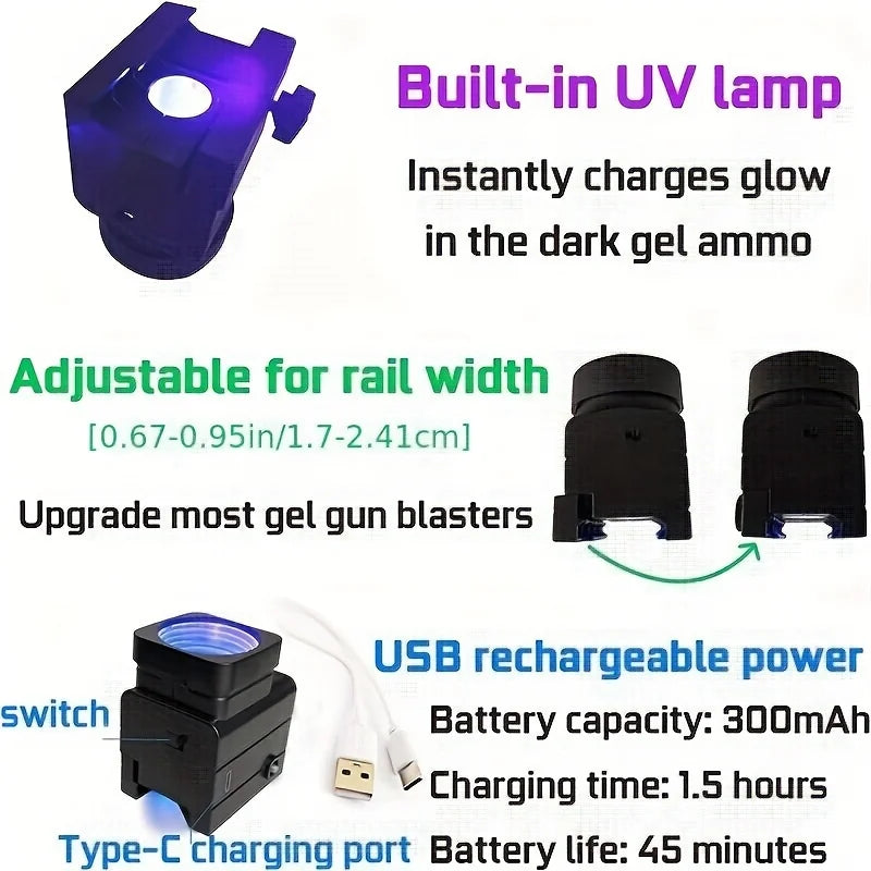 Glow In The Dark UV LED Feedneck To Light Up Blaster Ammo, To Upgrade Splatter Blaster Night Outdoor Game, Light Up Ammo Holder