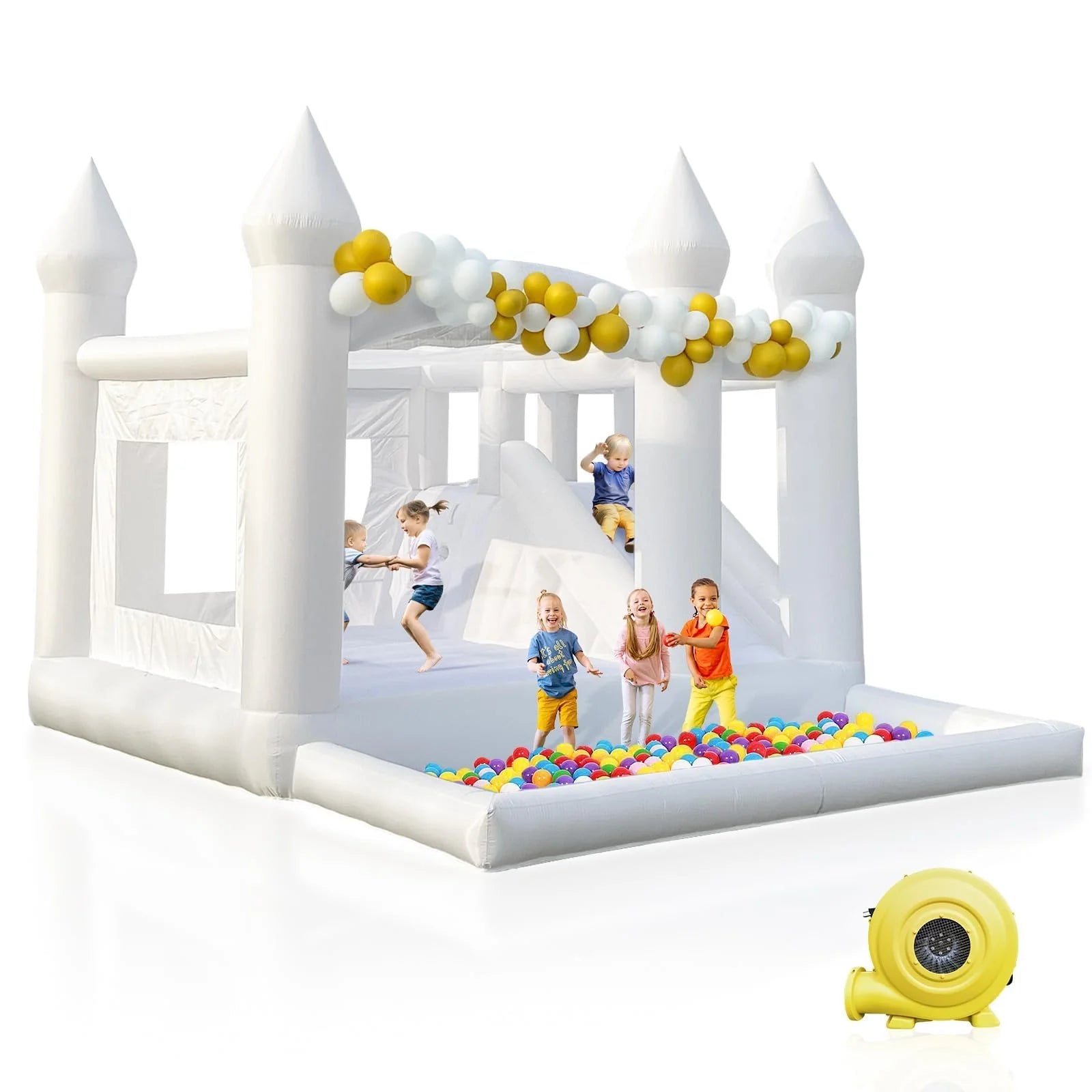 Free Shipping  Inflatable White Bounce House 15FTx 13FT Kids Birthday Party  for Big Kids 8-12 With Slide Ball Pit Blower