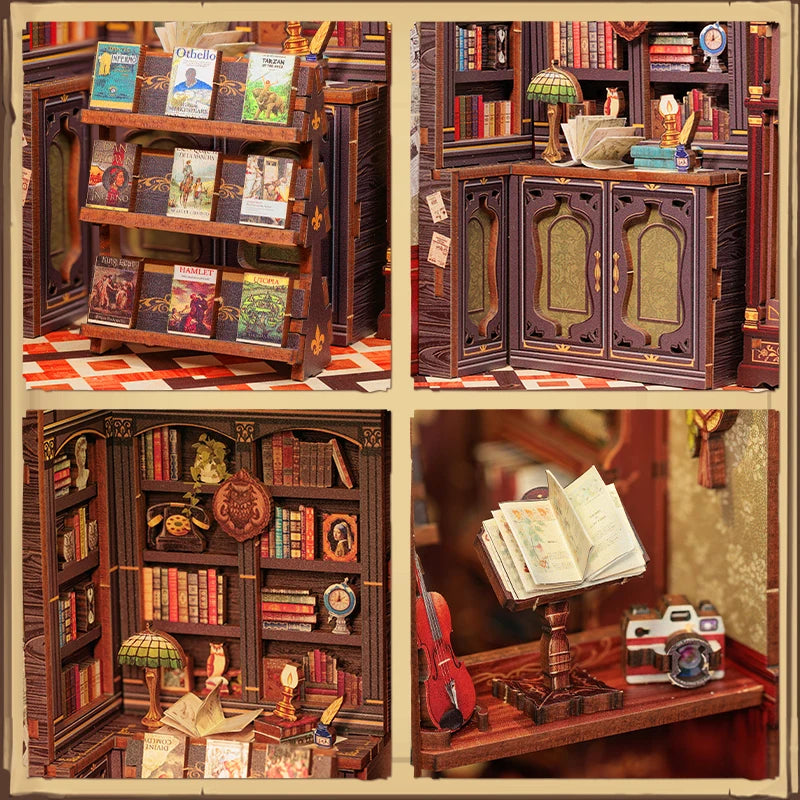 Cutebee 3D Wooden Puzzle Miniature Model Kits Owl Bookstore Mini DIY Doll House Home Decor for Family Unique Birthday Gifts