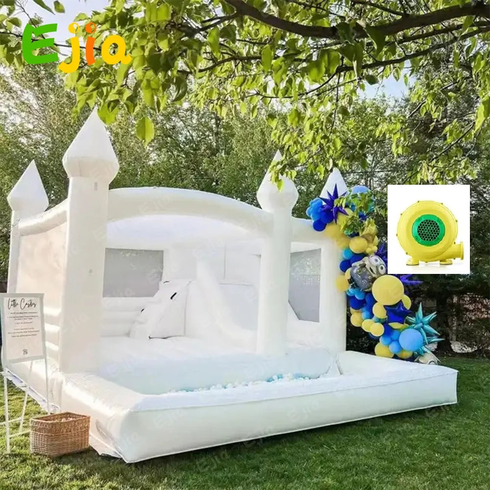 Free Shipping  Inflatable White Bounce House 15FTx 13FT Kids Birthday Party  for Big Kids 8-12 With Slide Ball Pit Blower