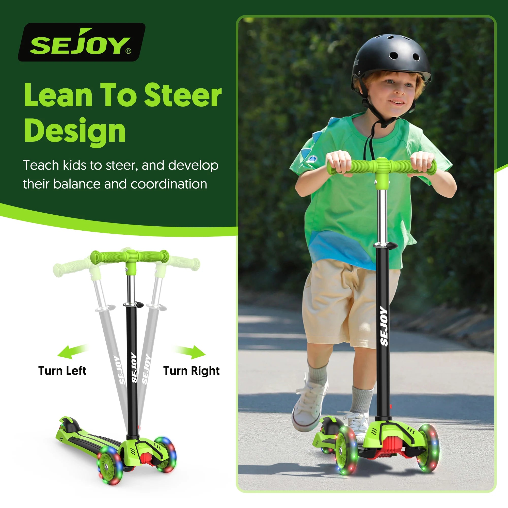 SEJOY Foldable Children Scooter Adjustable Height Kick  3 Wheel Scooter with Flash Wheels  Scooter for 3-12 Year Kids Gift